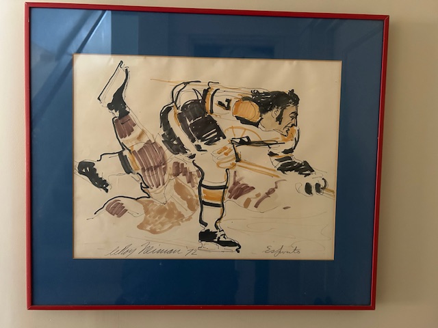 An Original Drawing by Listed Artist LeRoy Neiman (American, 1921–2012, LeRoy Neiman was an American artist celebrated for his vividly colored, dynamic depictions of sports and leisure activities) Depicting a Hockey Scene circa 1972, hand made, hand signed