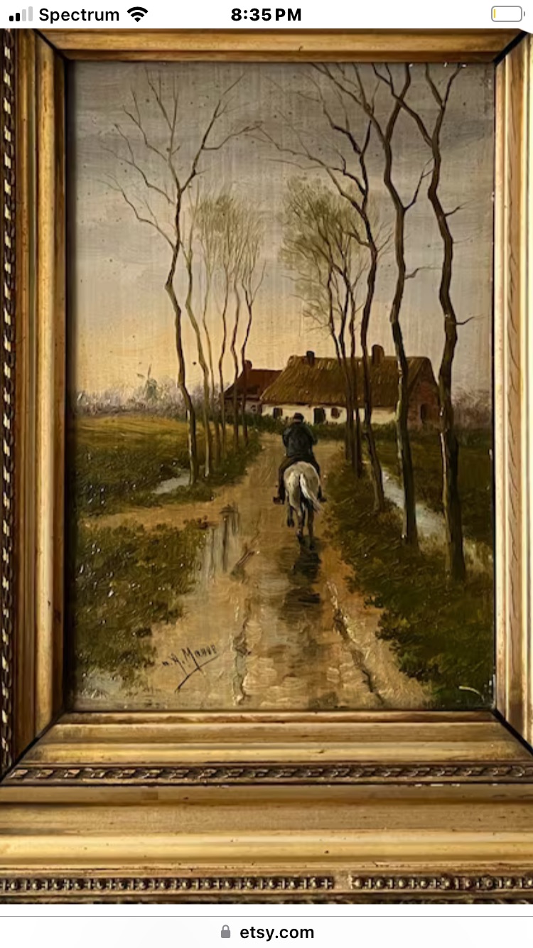 An Original Painting Attributed to Anton Mauve (Dutch, 1838–1888) Depicting a Rural scene Dutch Road with Rider on Horseback, Farm and trees in a Landscape Composition, Farm and Cottage circa 19thC Hand Signed Dutch School style Watercolor Laid Paper on Board