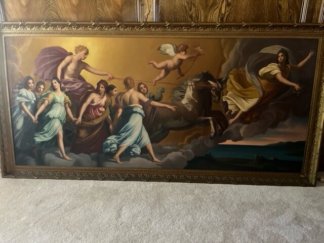 19th-century oil on canvas reproduction by C.E. Garofoli of Guido Reni’s “Aurora.” Reni’s original masterpiece, housed in the Casino dell’Aurora of the Palazzo Pallavicini-Rospigliosi in Rome, is famous for its depiction of the Roman goddess of dawn. Garofoli’s version faithfully replicates the ethereal quality of Reni’s work, capturing the graceful movement and soft, luminous palette. The divine figures are draped in flowing garments, creating a sense of motion as Aurora leads the procession across the sky, heralding the arrival of the sun, with the accompanying Hours and Phosphorus. It’s a testament to the enduring appeal of Reni’s baroque classicism. Circa early 20thC.