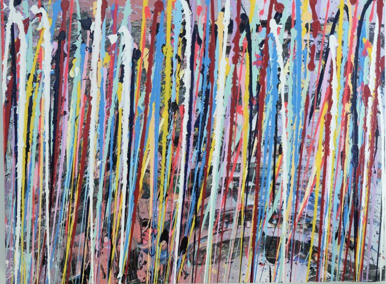 “Behind the Curtain,” a 40″x30″ acrylic on canvas, awaits pricing and stands as a striking testament to emotional liberation. Sanford’s work visually fractures the façade of domestic tranquility, with vertical drips that suggest both the concealment and the seeping out of underlying turmoil. The vibrant lines against a chaotic backdrop echo the themes of breaking free from the constraints of a troubled past, inviting viewers to join a collective journey toward revelation and healing.