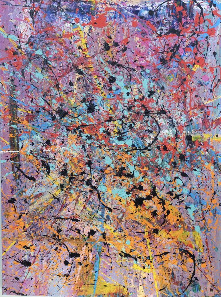 “The Muse & the Mountain,” by Joshua Sanford, “The Black Box Artist,” is a richly textured 30″x40″ acrylic on canvas. Its abstract chaos and layered splatters reflect an internal struggle against conformity, with bursts of color symbolizing the freeing voice of inspiration. Sanford’s signature style, “Conscious Abstractism,” is evident as he rejects traditional landscapes for a bolder, introspective expression, inviting the viewer to explore the untold narrative within.